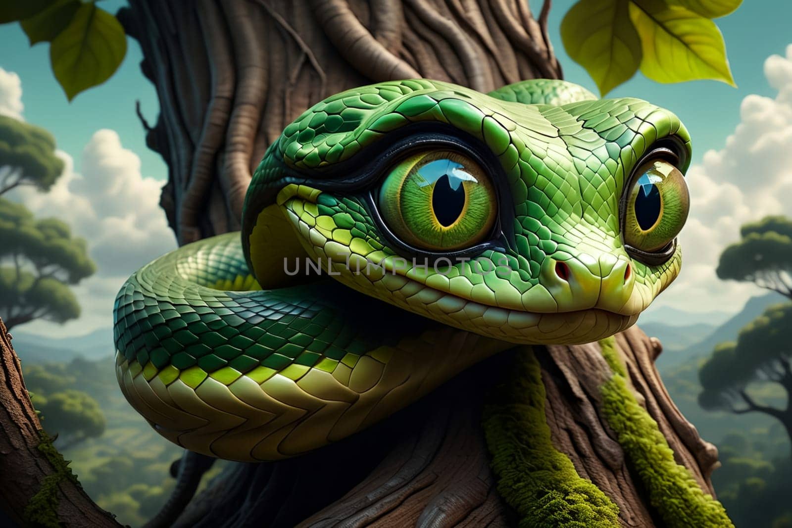 a green forest snake crawls along an old tree in the forest. AI generated image.