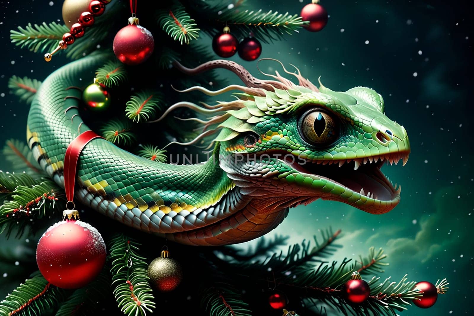 A forest green snake crawls along a Christmas tree with balls.. AI generated image.