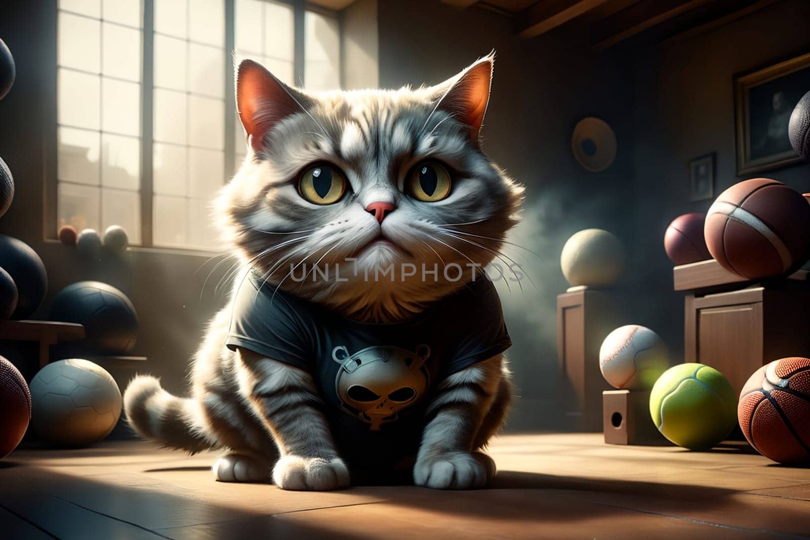 A fat cat in a T-shirt is doing sports in the gym .AI generated image.