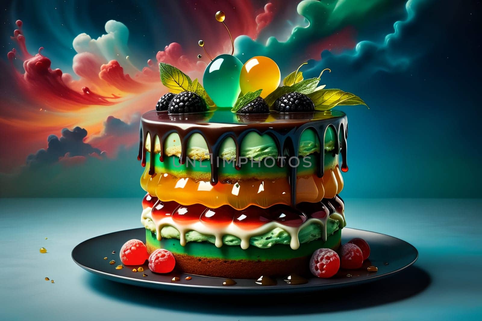 fruit cake with syrup, cream and fruits on a green background. AI generated image.