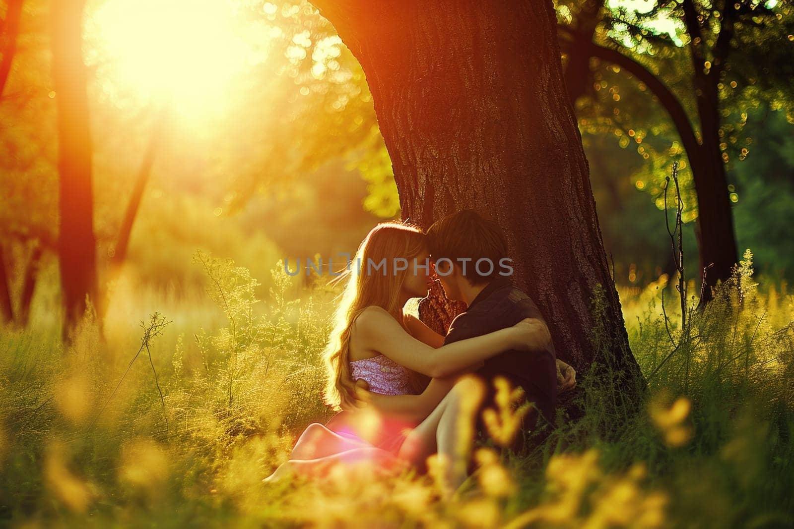 The picture about couple hugging each other has been surrounded with grass under the tall tree in the forest bright by light of daytime in morning or evening at dawn or dusk time of the year. AIGX01.