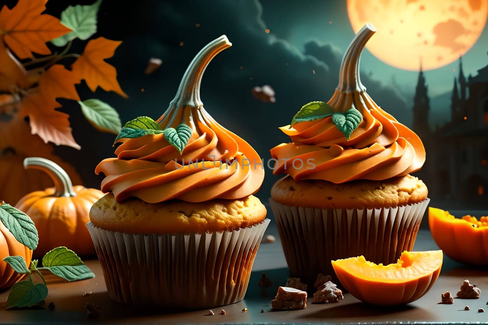 pumpkin cream cupcake decorated for Halloween. AI generated image.