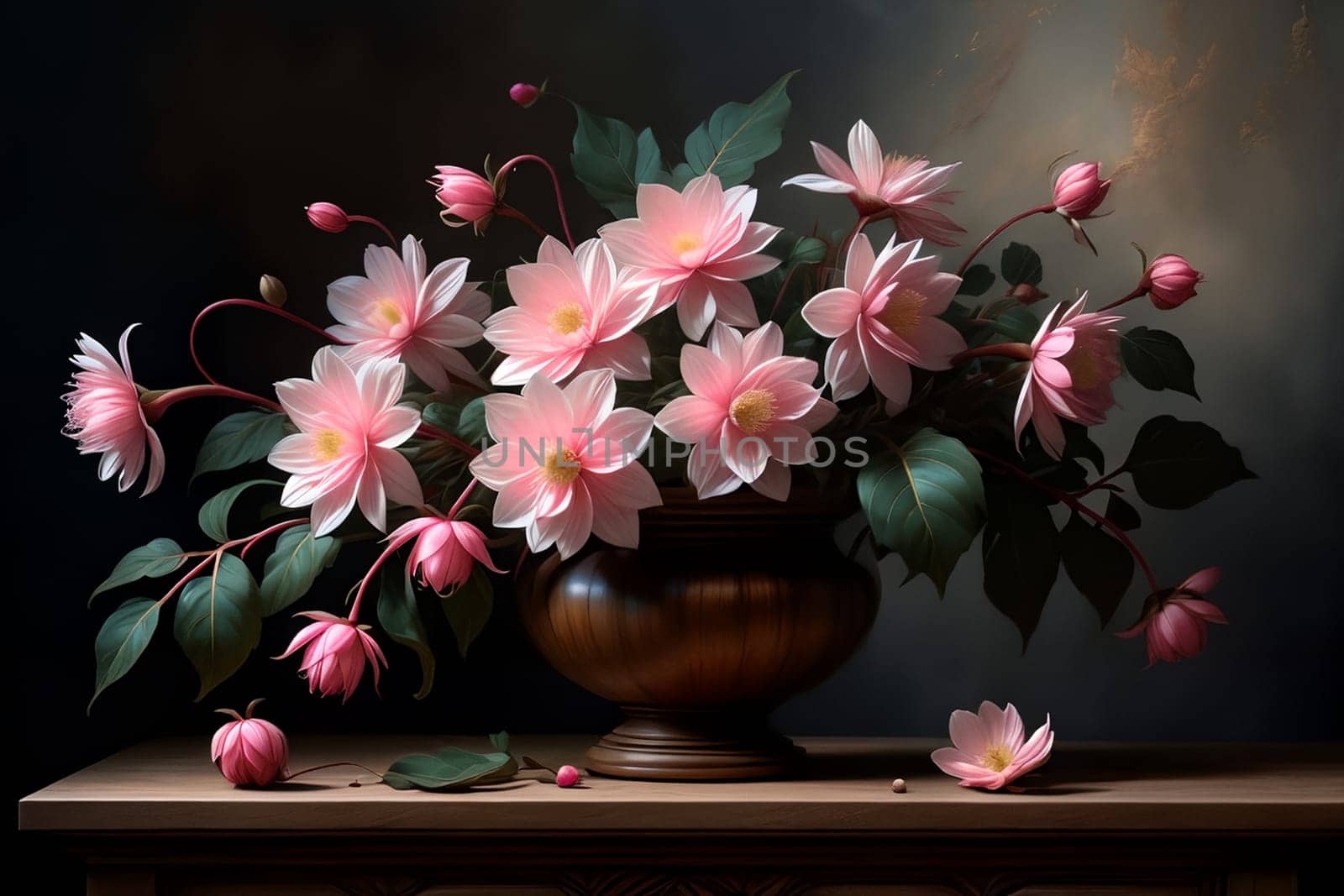 bouquet of pink asters on a dark background. AI generated image.