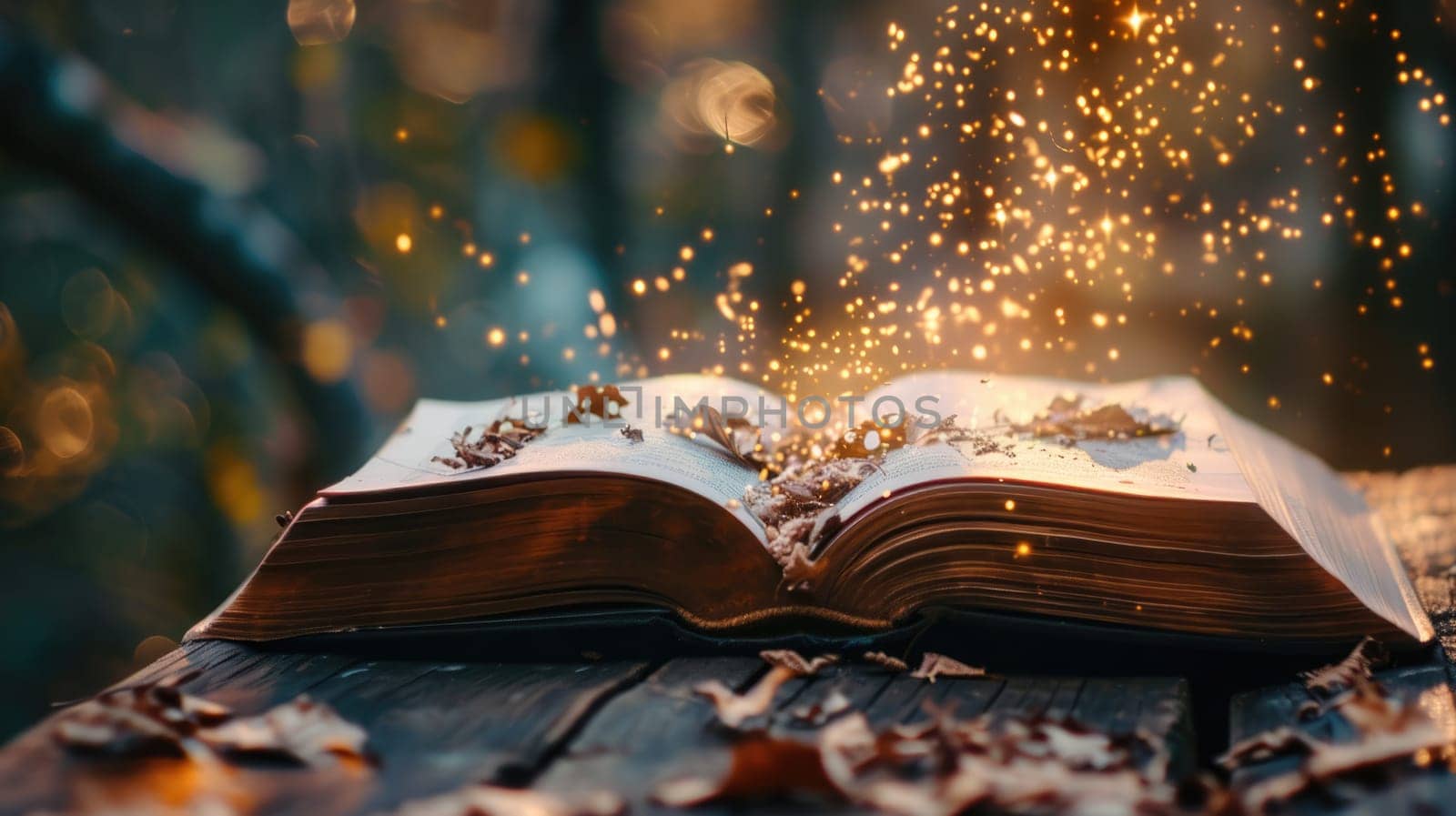 The magical book that turning the multiple glowing glittered page that stay on the wood table that surrounded with the mystery fantasy glowing glittered mist that looks like from dream world. AIGX03.