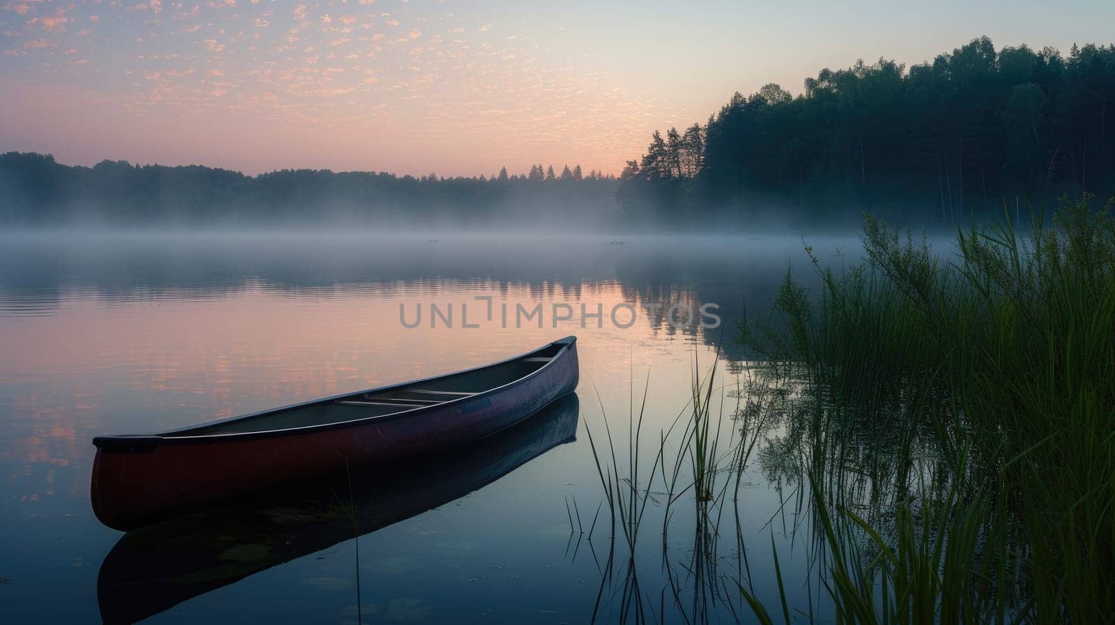 Canoe on a Misty Lake at Sunrise. Resplendent. by biancoblue