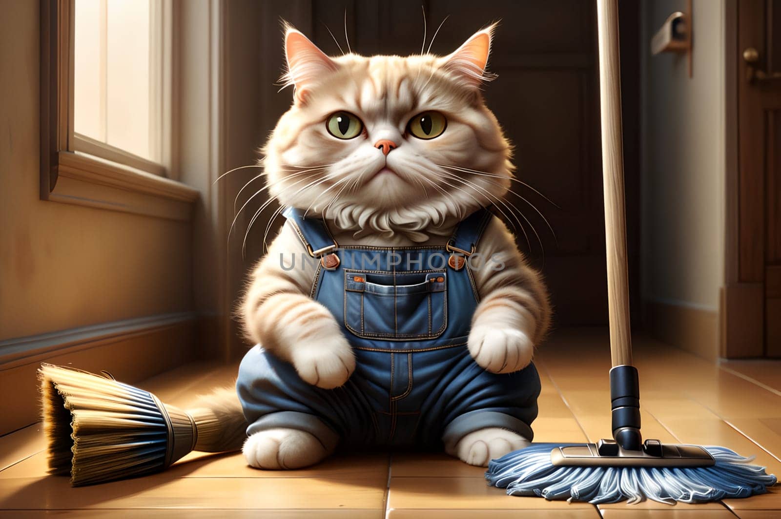 fat cat with a broom isolated on a brown background AI generated image.