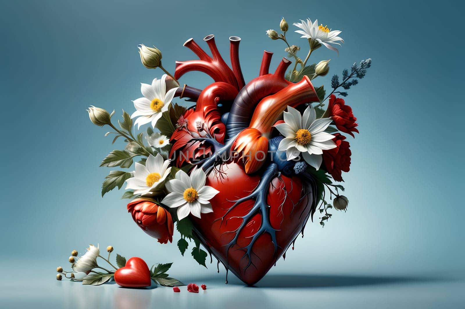 kind heart in flowers. AI generated image.