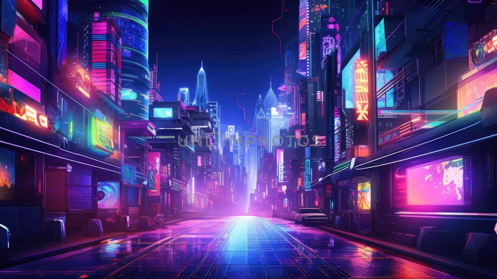 A picture of the neon night time futuristic cyberpunk scifi metropolis. AIGX01. by biancoblue