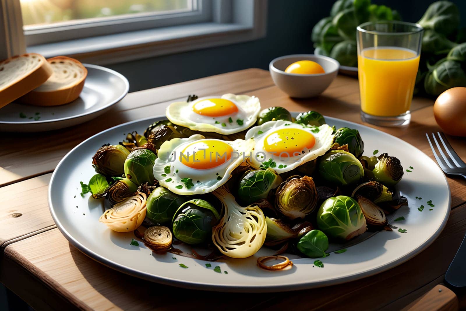 pieces of roasted Brussels sprouts with fried eggs, with fried onions
