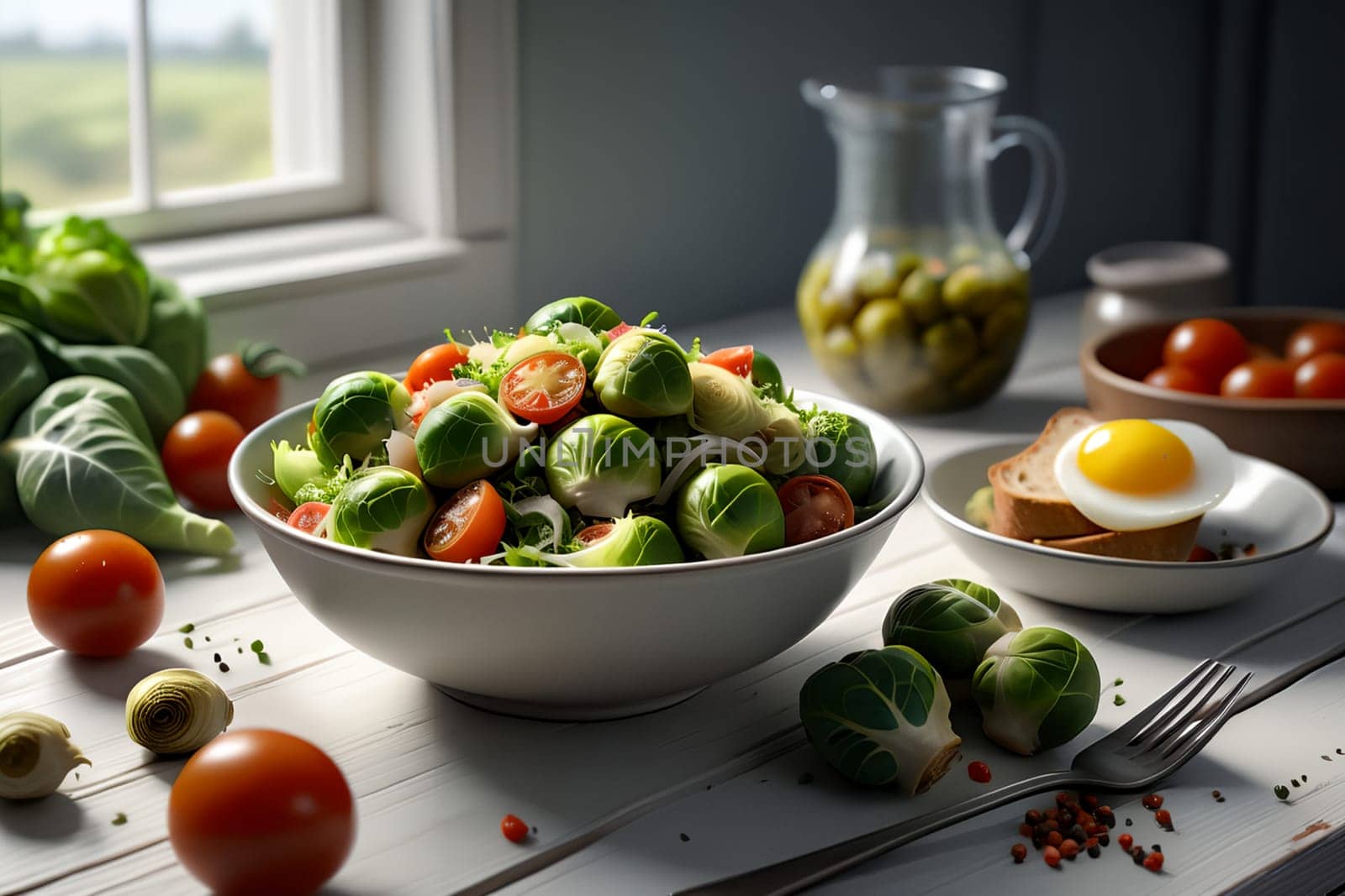 Brussels sprouts salad with vegetables. AI generated image.