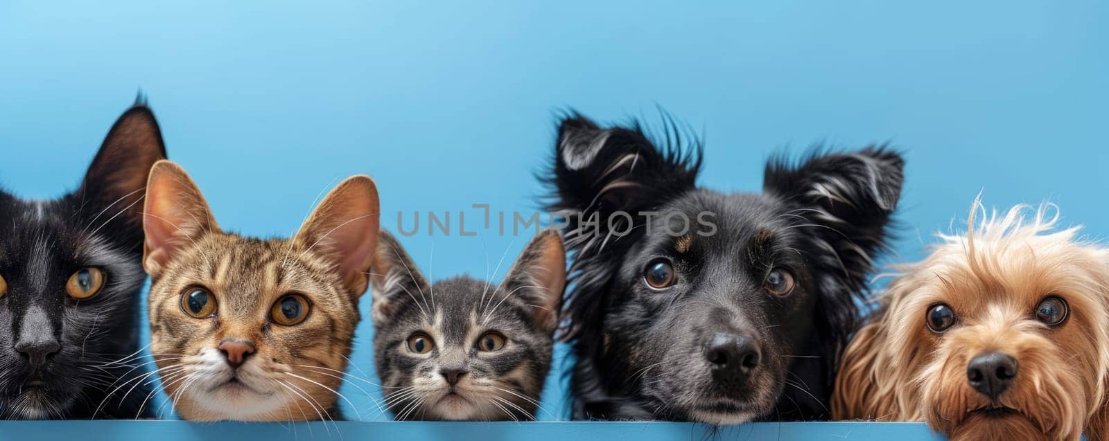 The picture of front view and close up of the multiple group of the various cat and dog in front of the bright blue background that look back to the camera with the curious and interest face. AIGX03.