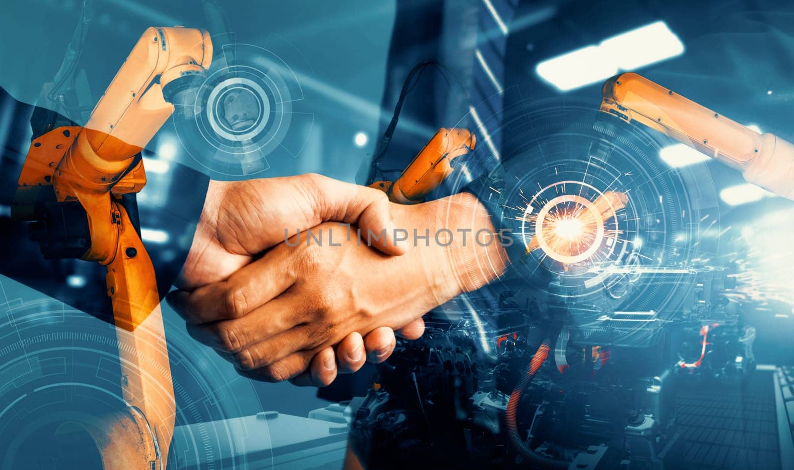 XAI Mechanized industry robot arm and business handshake double exposure by biancoblue
