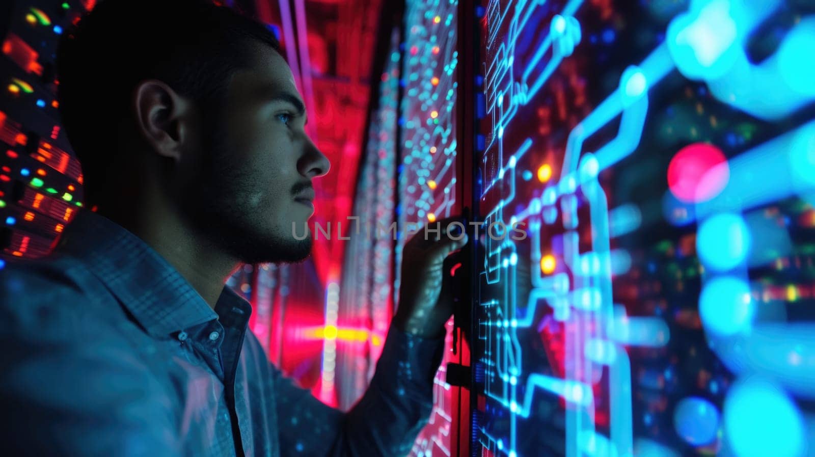 A data analyst closely examines complex data visualizations on multiple monitors, reflecting the analytical process in big data. AIG41