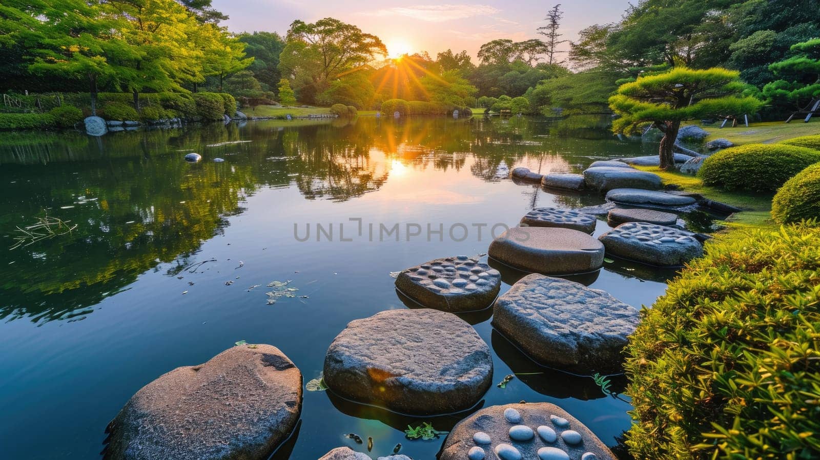 Path of circular stepping stones across a calm pond in a lush, serene zen garden at sunrise. Resplendent.