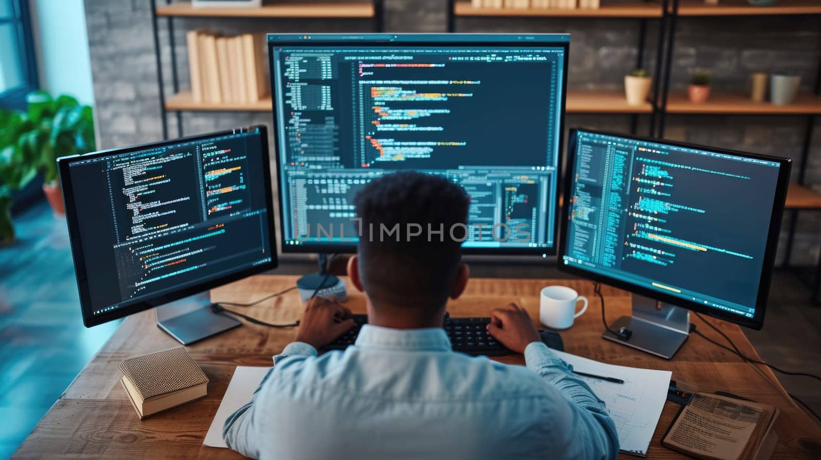 Software Developer Working on Code in Dual Monitor Setup AIG41 by biancoblue