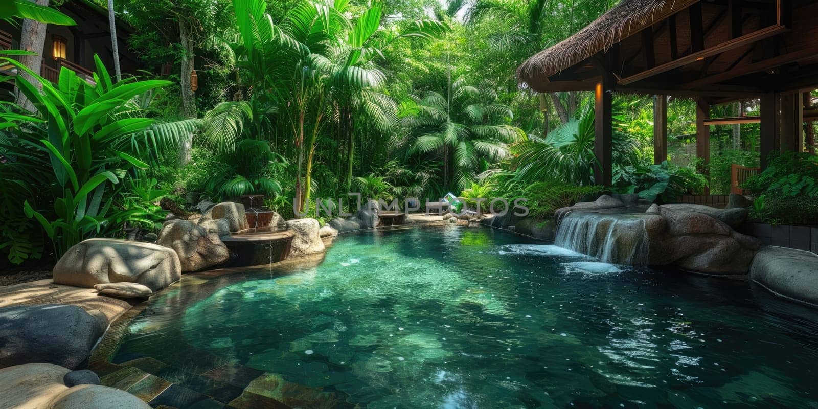 A luxurious spa retreat in a tropical setting, serene pool. Resplendent. by biancoblue