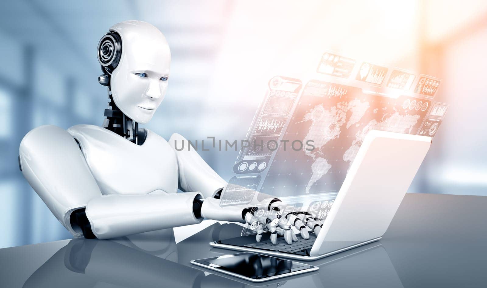 XAI 3d illustration Robot humanoid use laptop and sit at table for big data analytic using AI thinking brain , artificial intelligence and machine learning process for the 4th fourth industrial revolution. 3D rendering.