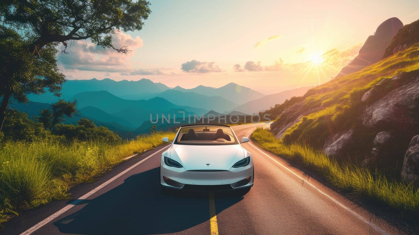 A white vehicle with Clouds as the background is driving down a mountain road with the Automotive parking lights on. AIG41