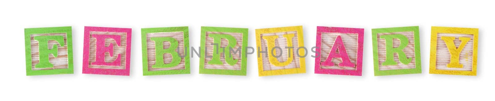 A February concept with childs wood blocks on white with clipping path to remove shadow