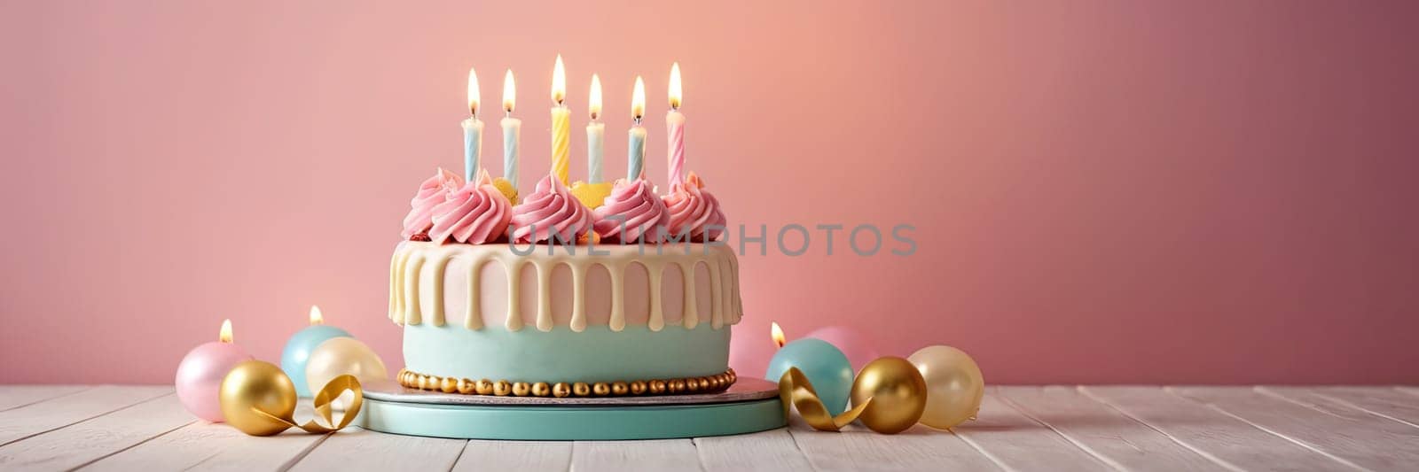 Birthday cake glowing candles pink backdrop, marking of joy and celebrating. banner with free space by Matiunina