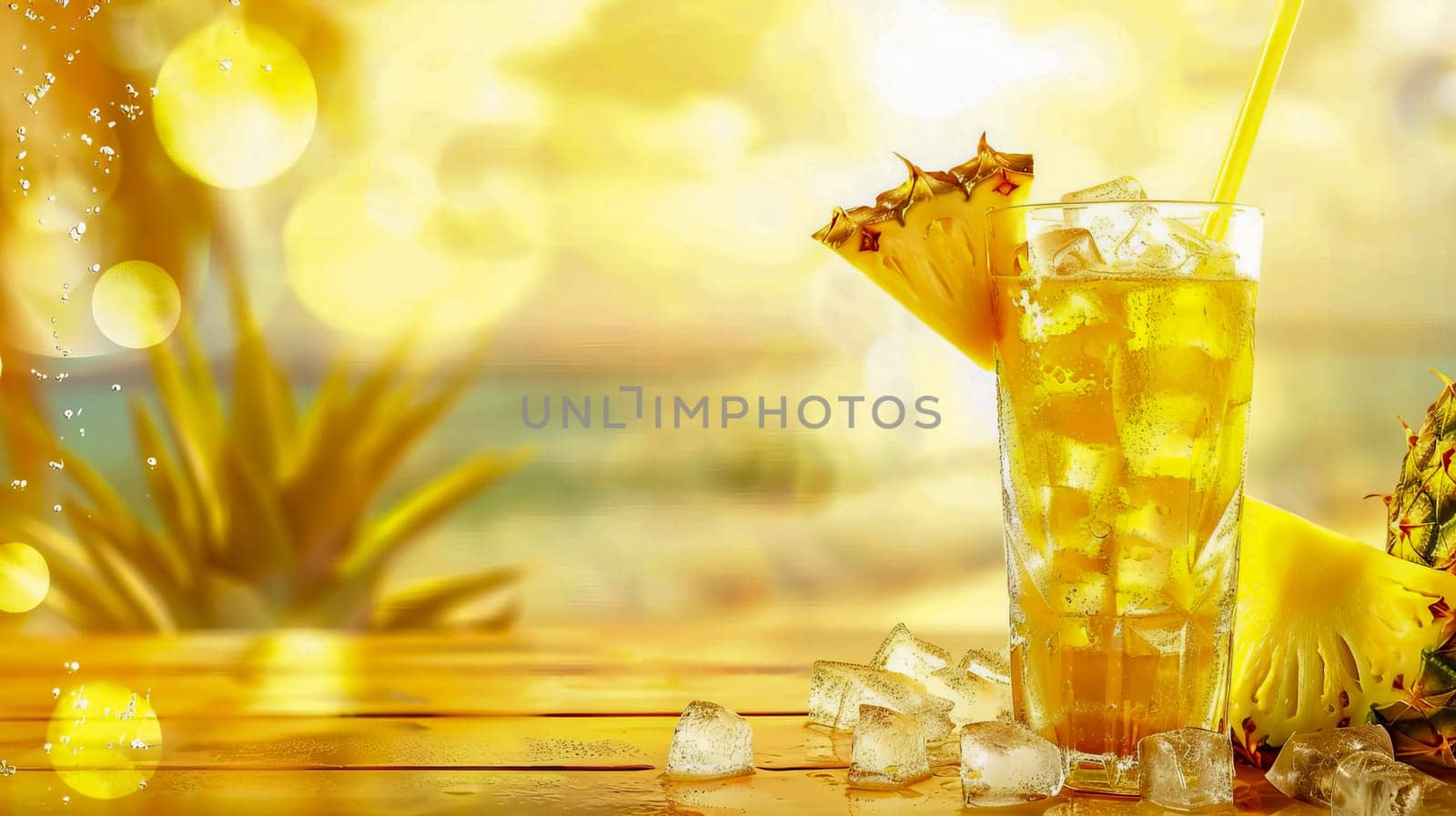 Glass with pineapple juice, pineappleand splashes of water. AI generated. by OlgaGubskaya