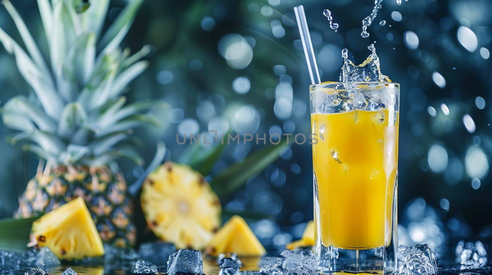 Glass with pineapple juice, pineappleand splashes of water. AI generated. by OlgaGubskaya