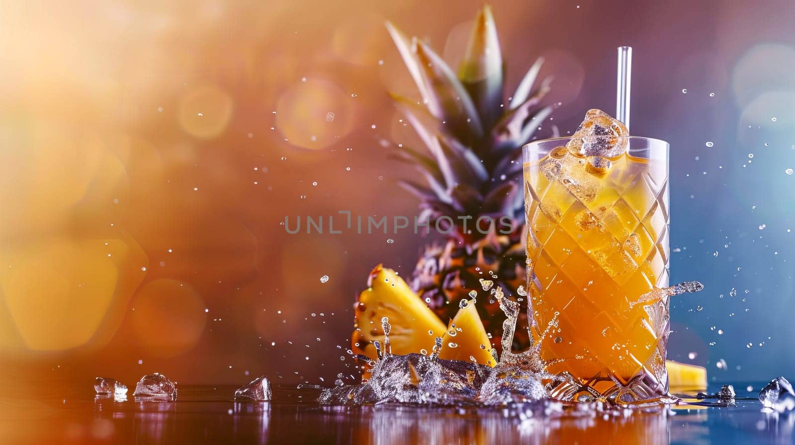 Glass with pineapple juice, pineappleand splashes of water. AI generated. by OlgaGubskaya