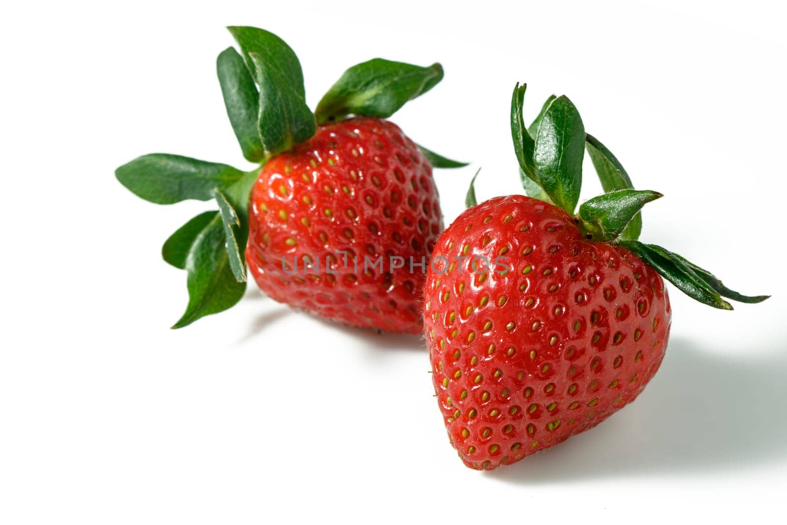 Two strawberries close up on white background