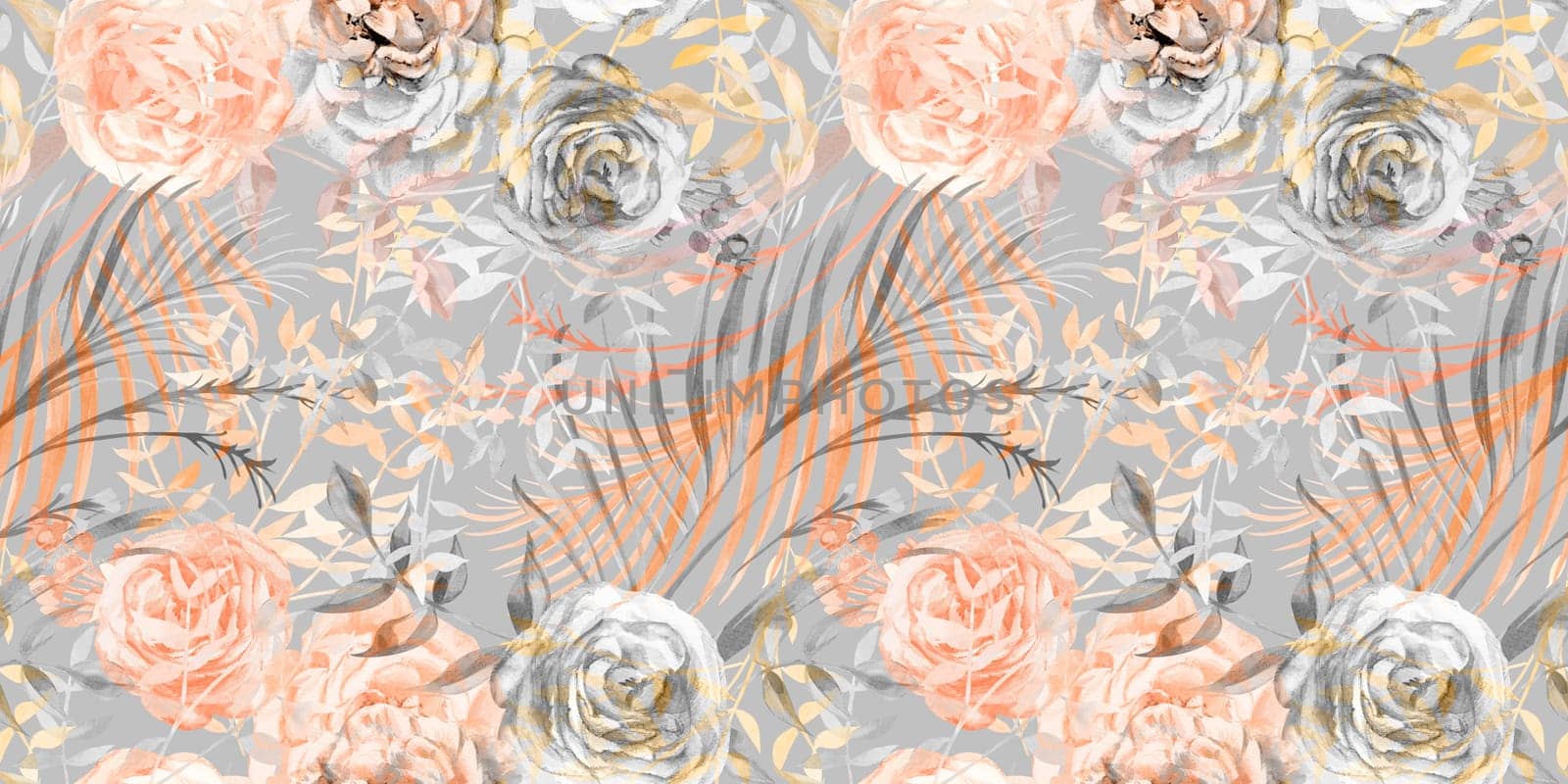 Seamless pattern mix of silhouettes with roses and branches for textiles