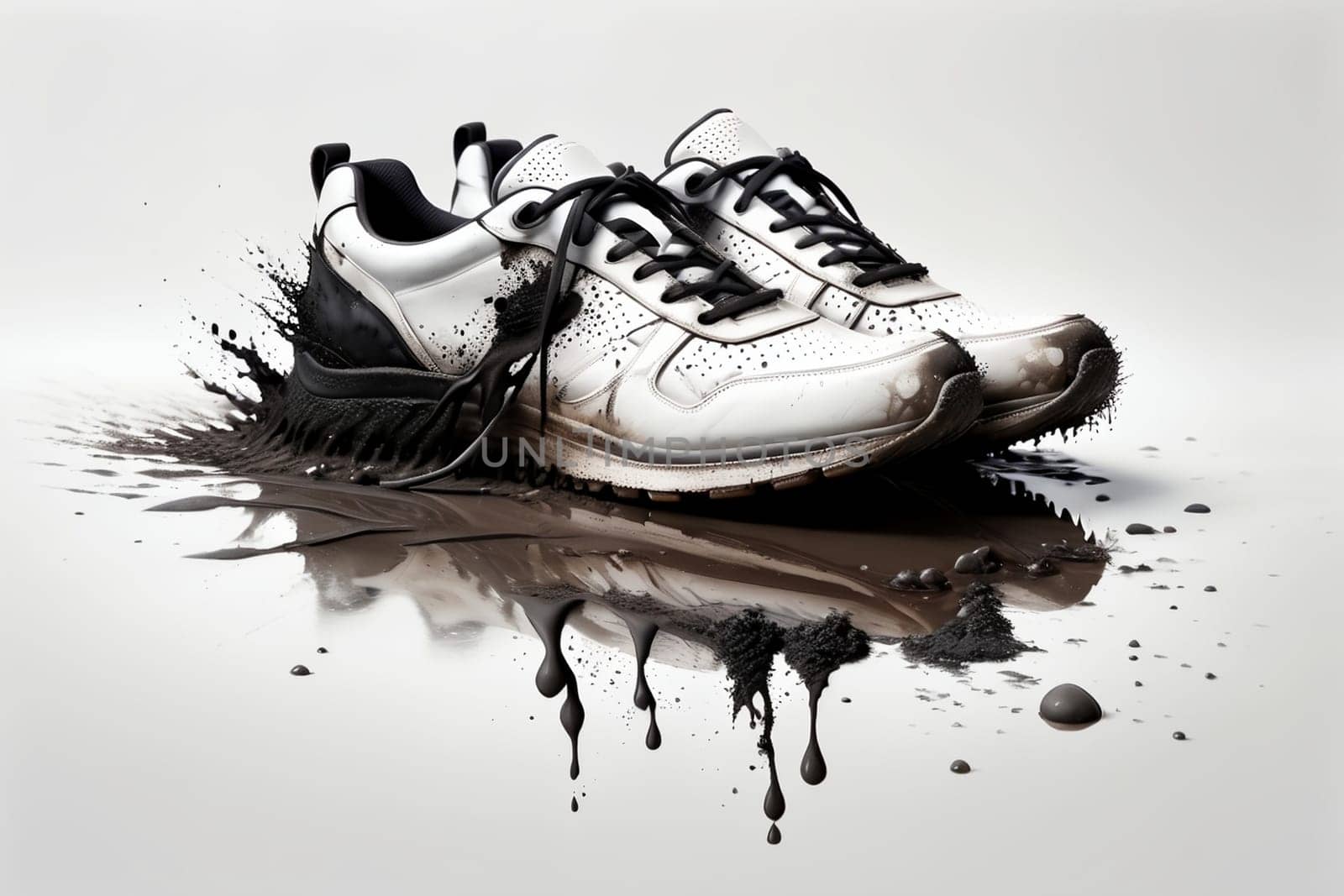 sneaker in a dirty wet puddle, dirt flows off the sneaker.