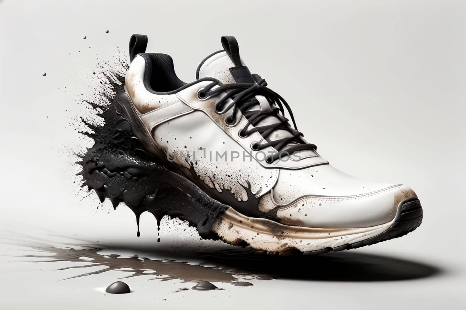 sneaker in a dirty wet puddle, dirt flows off the sneaker.