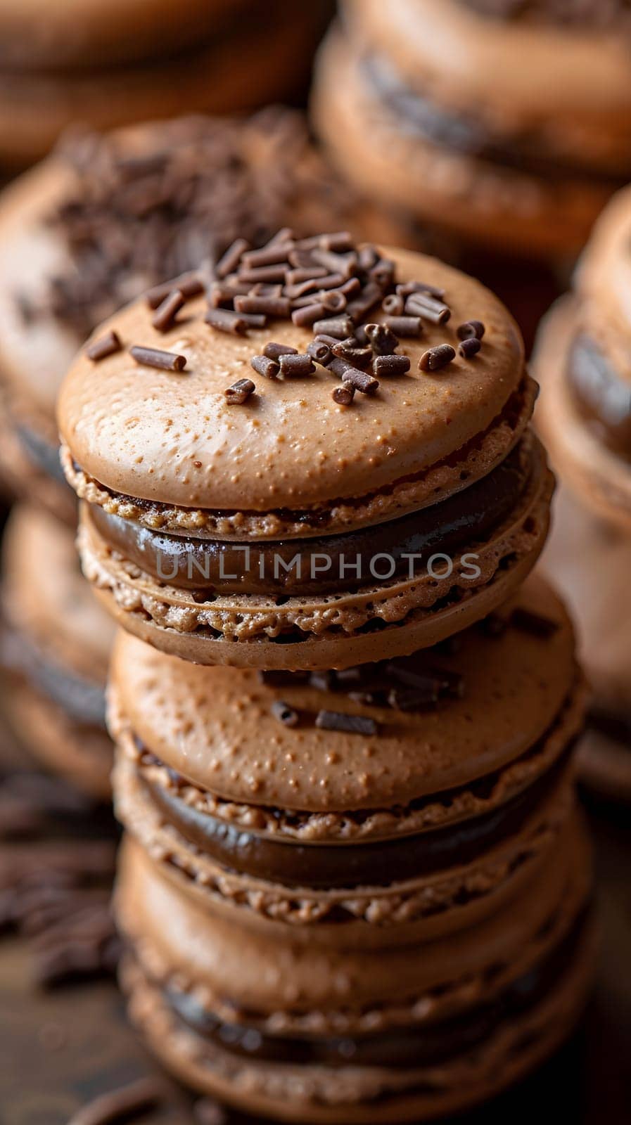 A delicious dessert made of a stack of chocolate macarons sprinkled with chocolate on top. Perfect finger food for any sweet craving. Ingredients chocolate, sugar, almond, egg white