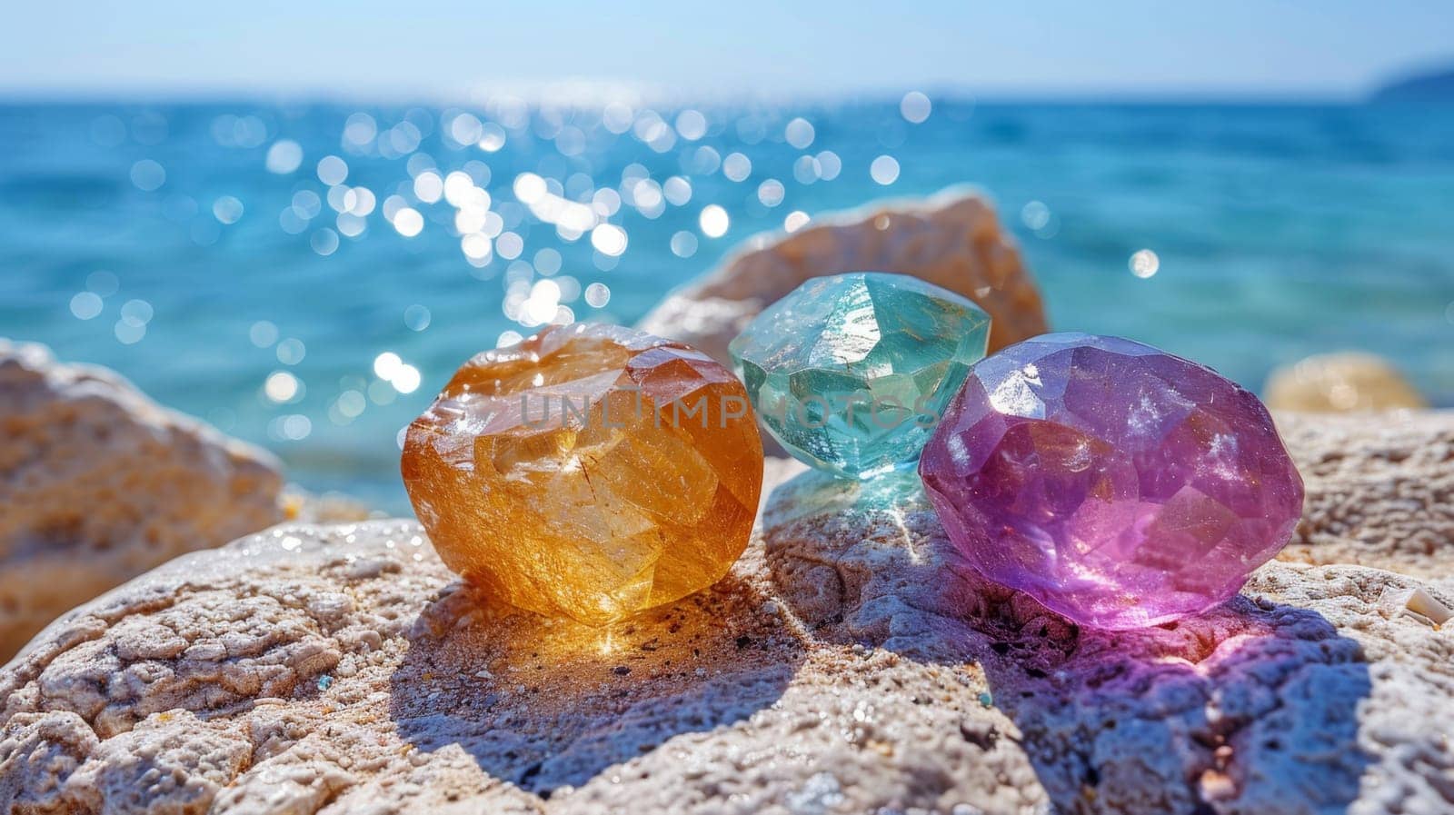 Natural shining glass stones on the seashore. The beach with glass stones.