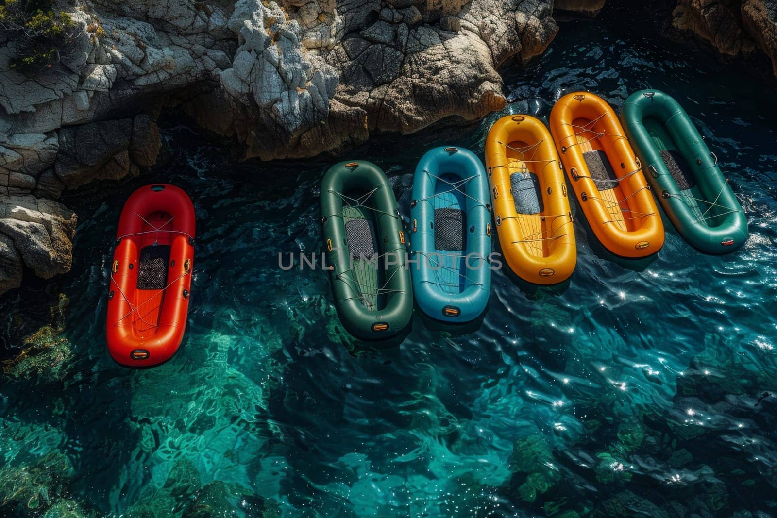 A set of colorful inflatable boats standing in the sea near the shore.