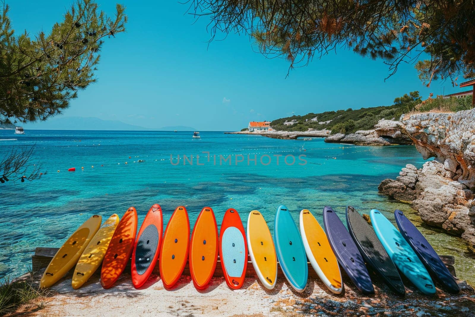 A set of SUP boards on the background of the sea. Active leisure.