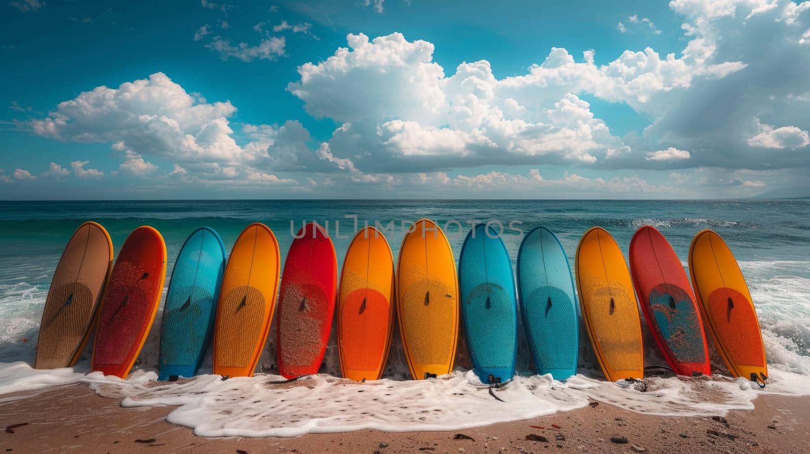 A set of SUP boards on the background of the sea. Active leisure.