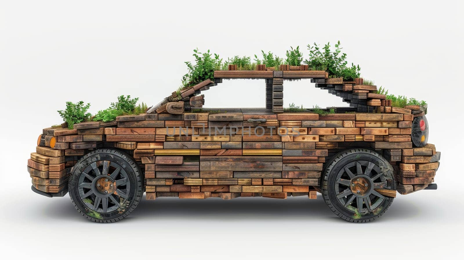 An old car made of bricks stands on a white background. 3d illustration.