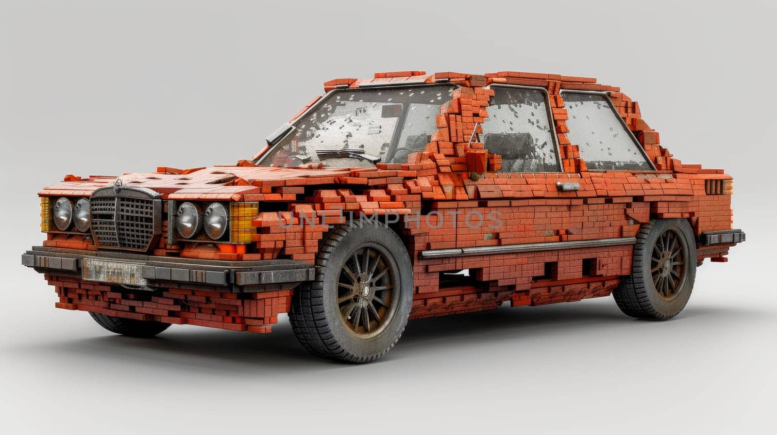 An old car made of bricks stands on a white background. 3d illustration by Lobachad