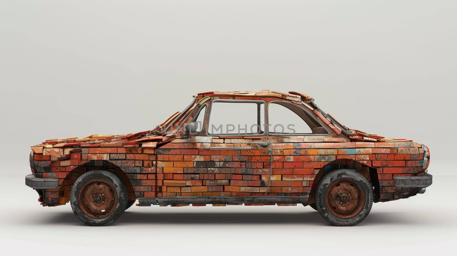 An old car made of bricks stands on a white background. 3d illustration by Lobachad