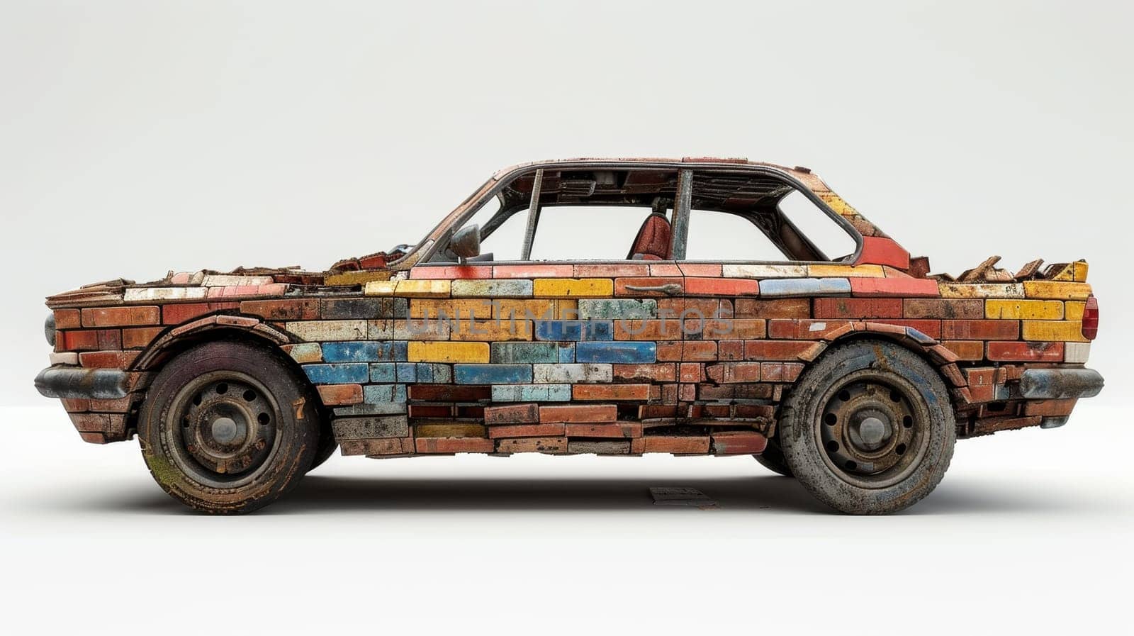 An old car made of bricks stands on a white background. 3d illustration by Lobachad