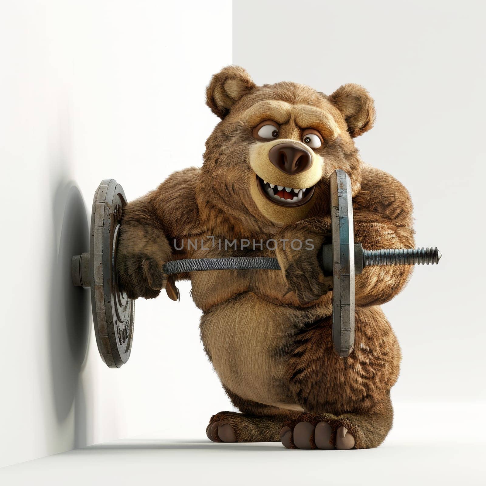 a bear with dumbbells on a white background. 3d illustration.