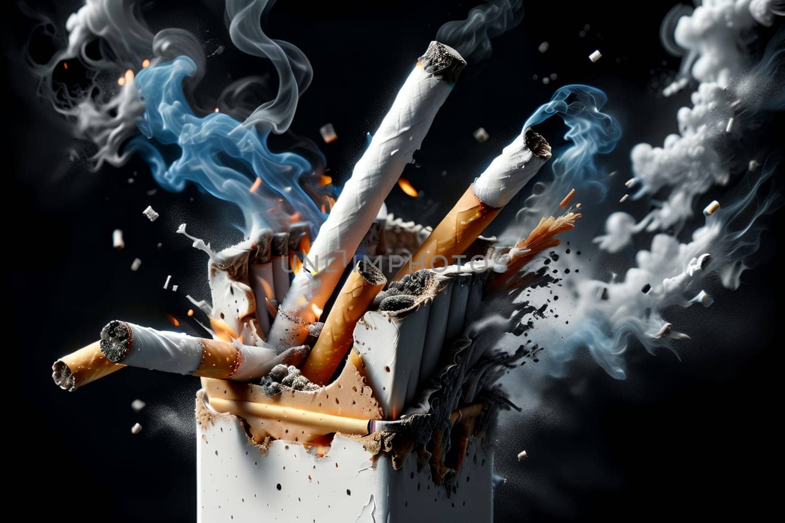 broken cigarettes, all in smoke. Smoking is harmful to health.