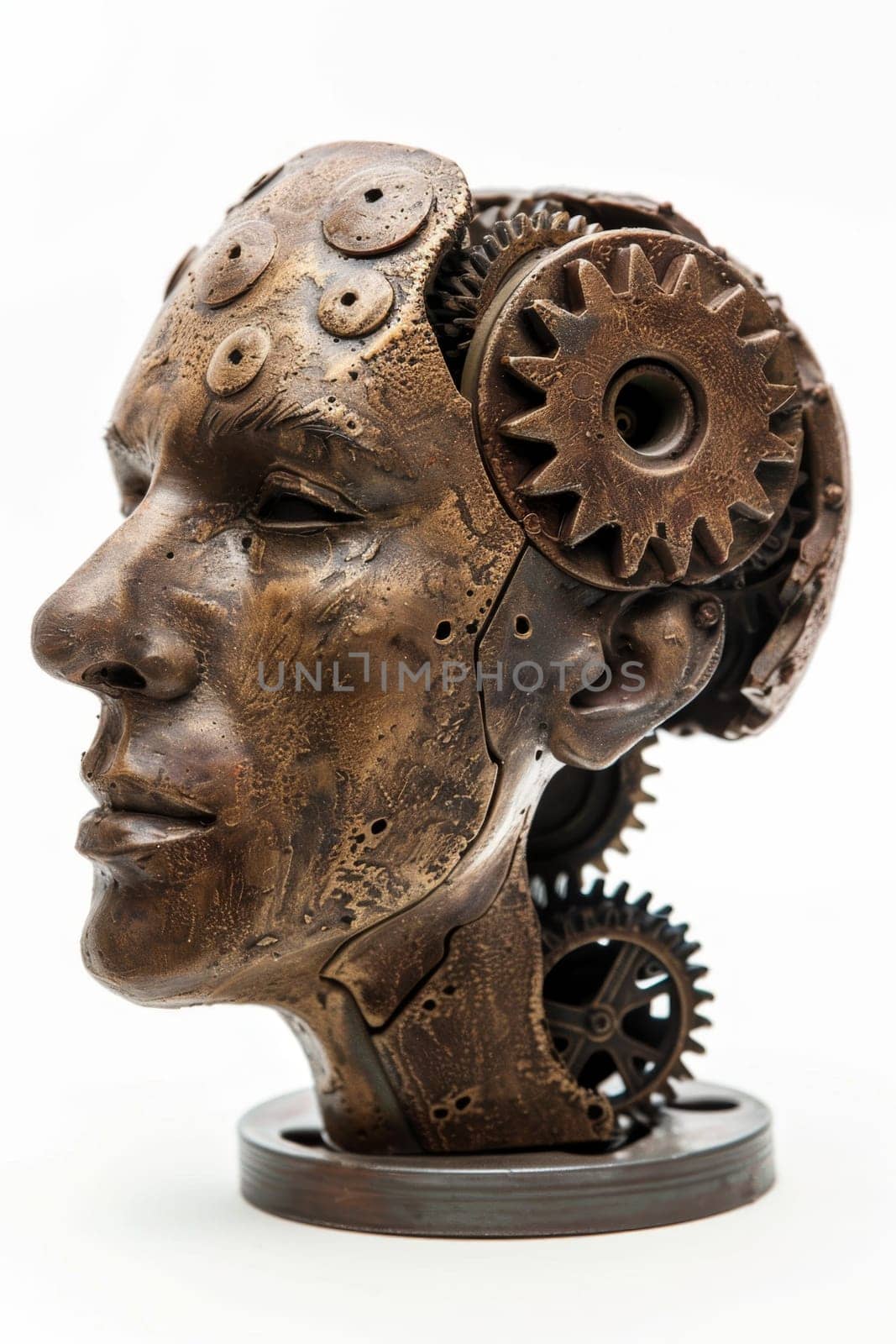 A human head with a toothed clockwork mechanism. The concept of thinking, decision-making. 3d illustration by Lobachad