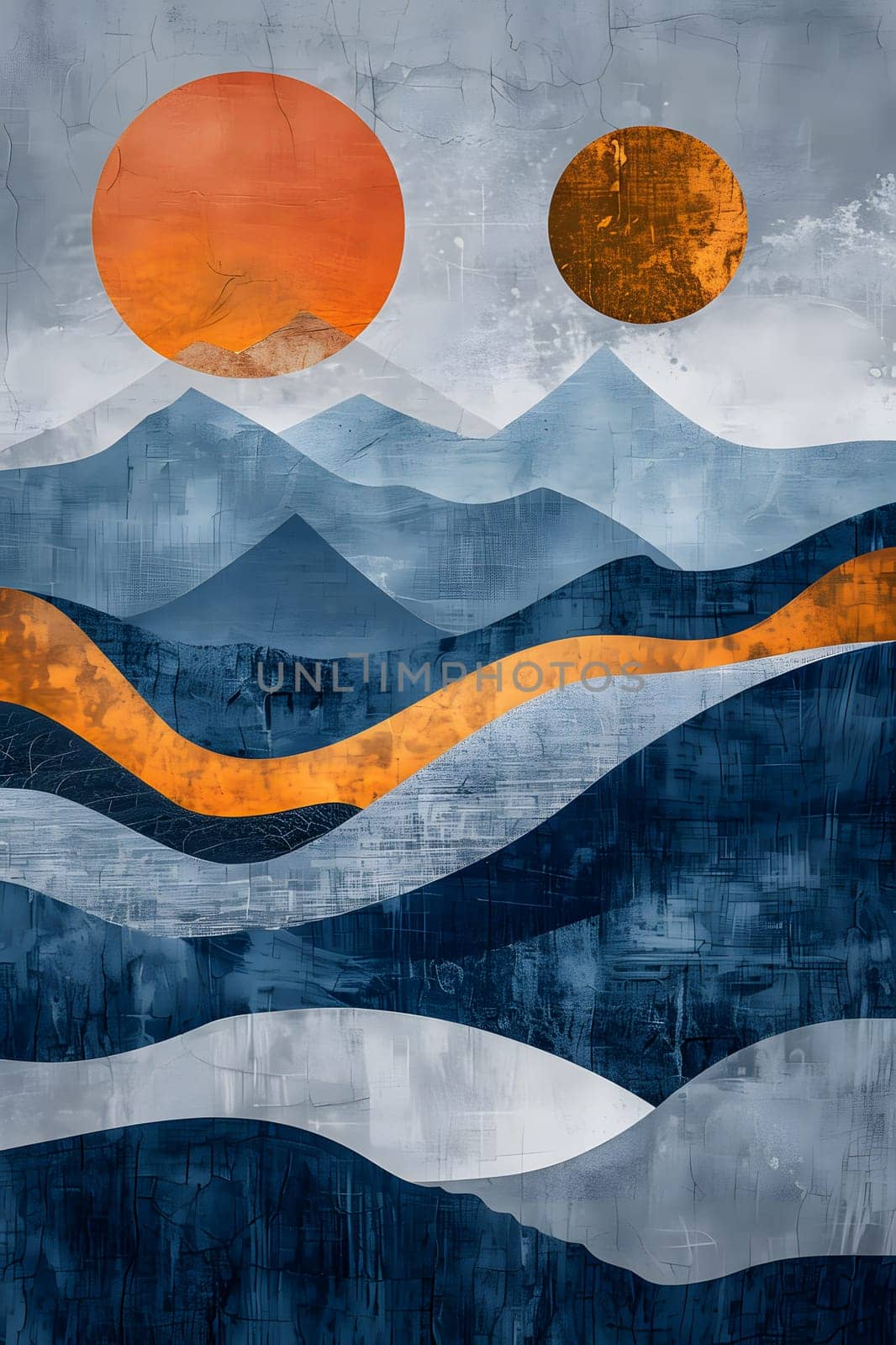 A painting of an ecoregion landscape with azure skies, orange suns, mountain peaks, waves, and cloud patterns. A unique art piece featuring a surreal dual sun setting