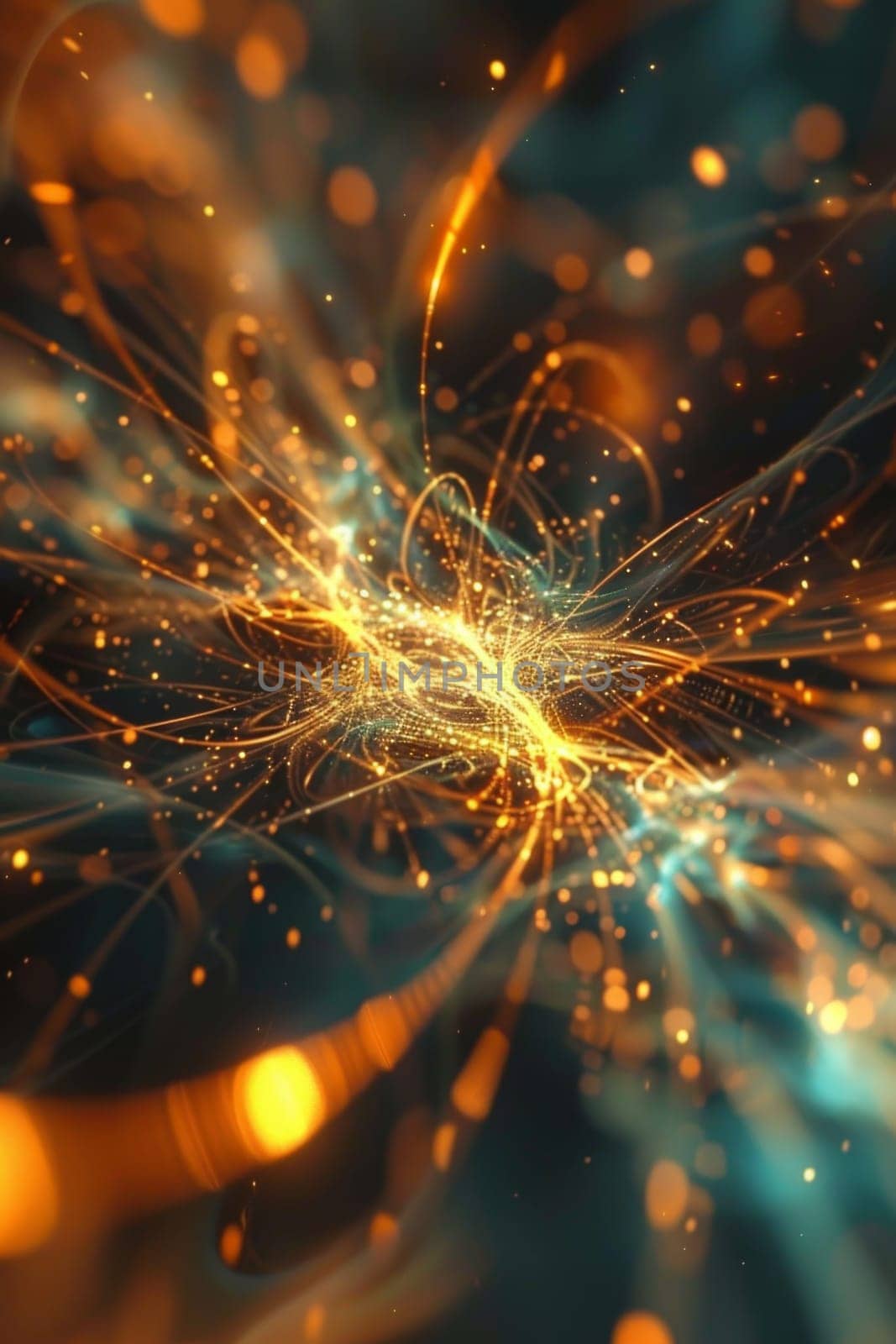 Neural cells with luminous communication nodes in an abstract dark space, 3D illustration.
