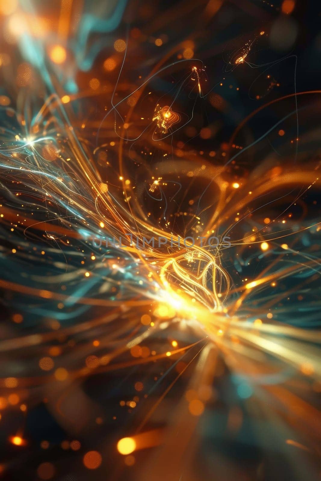 Neural cells with luminous communication nodes in an abstract dark space, 3D illustration by Lobachad