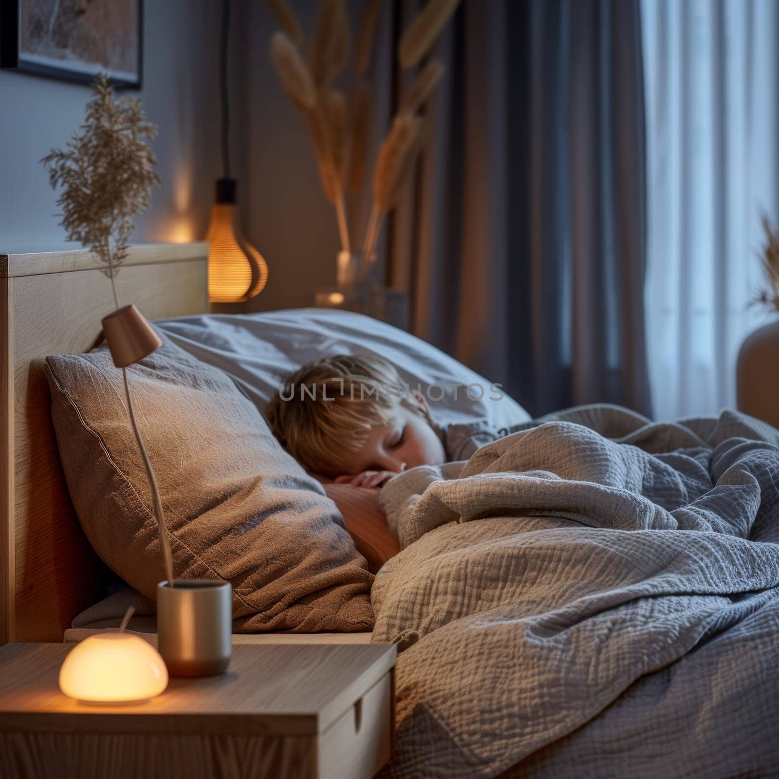 A sleeping child in bed , illuminated by a night light.