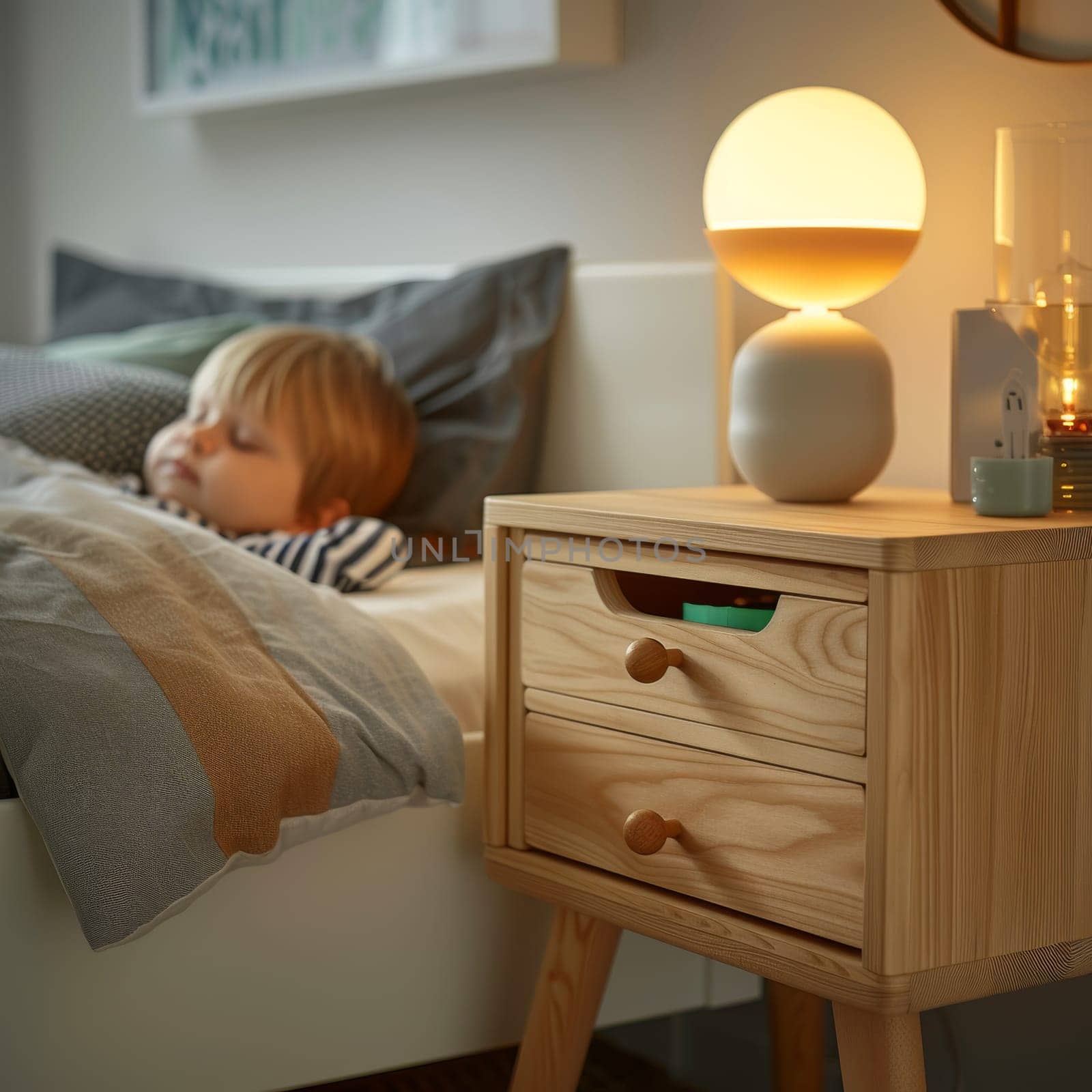 A sleeping child in bed , illuminated by a night light.