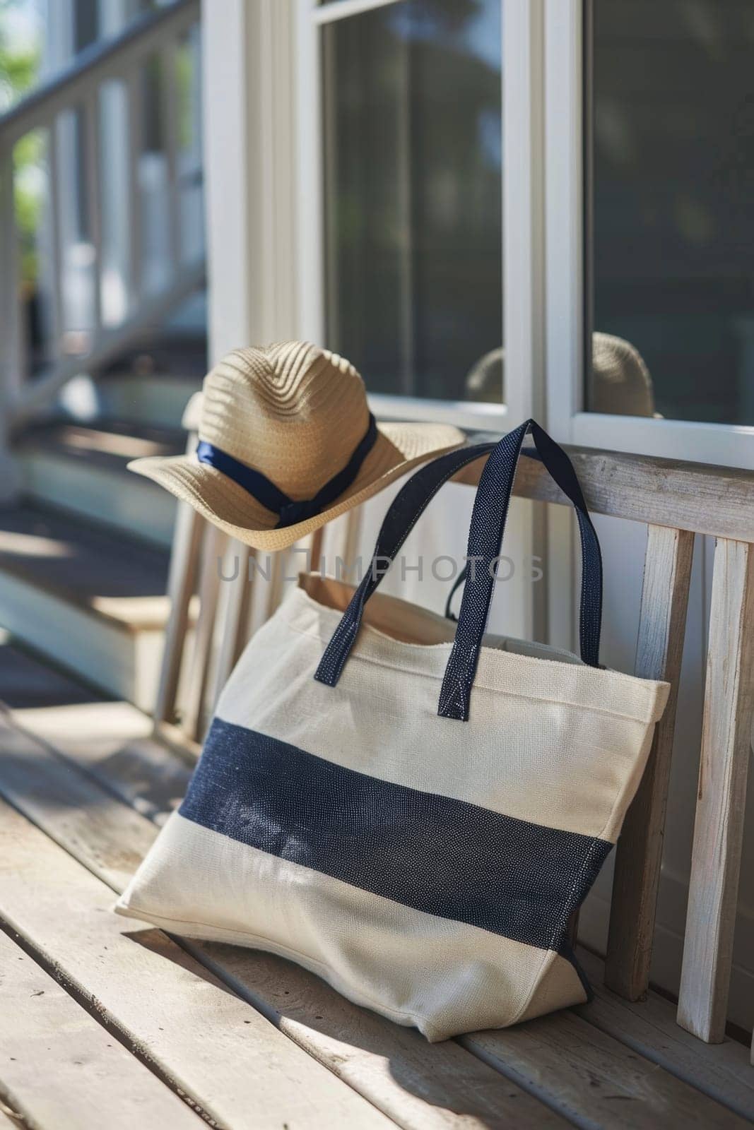 Close-up of a summer beach bag and hat on a sandy beach.