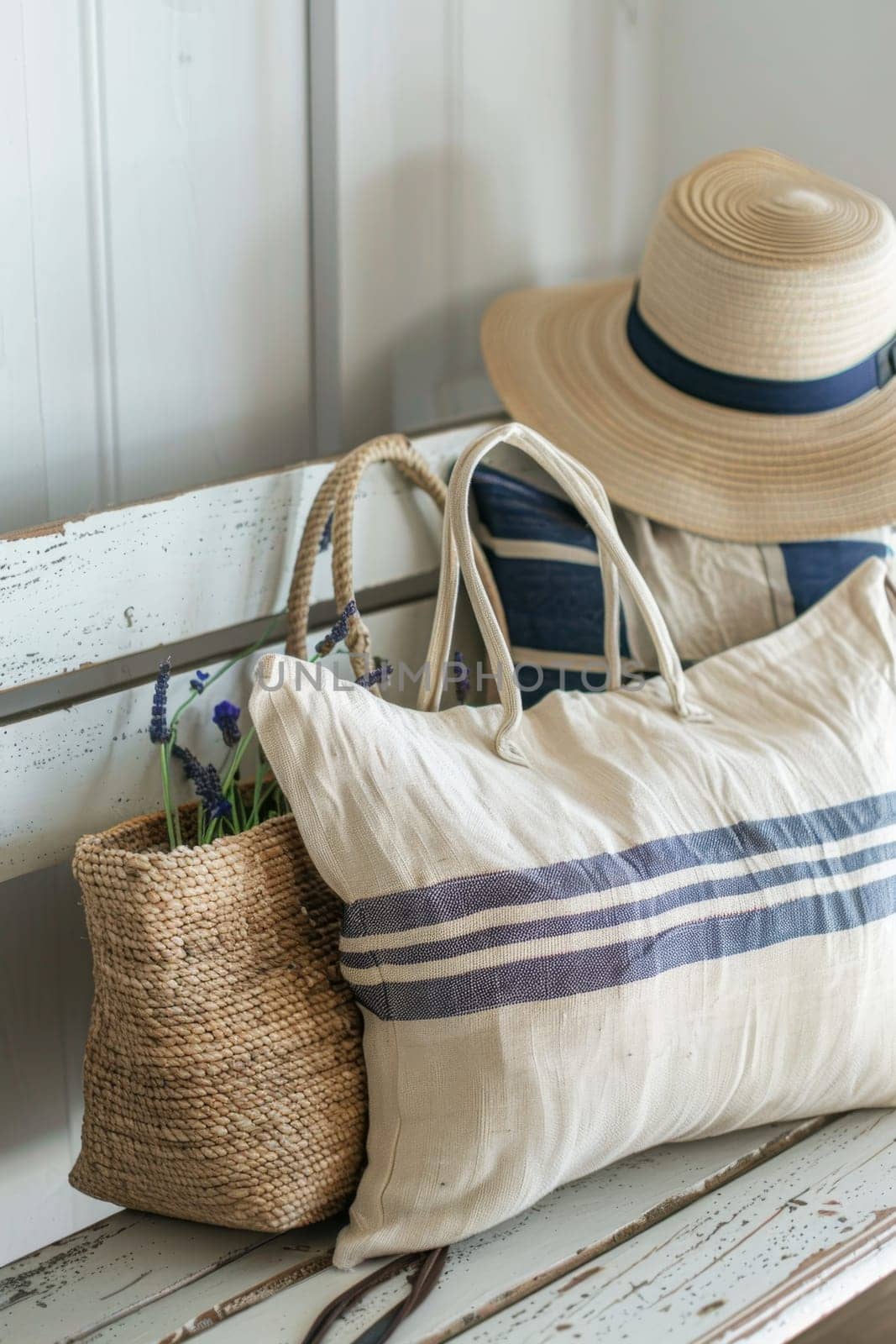 Close-up of a summer beach bag and hat on a sandy beach by Lobachad